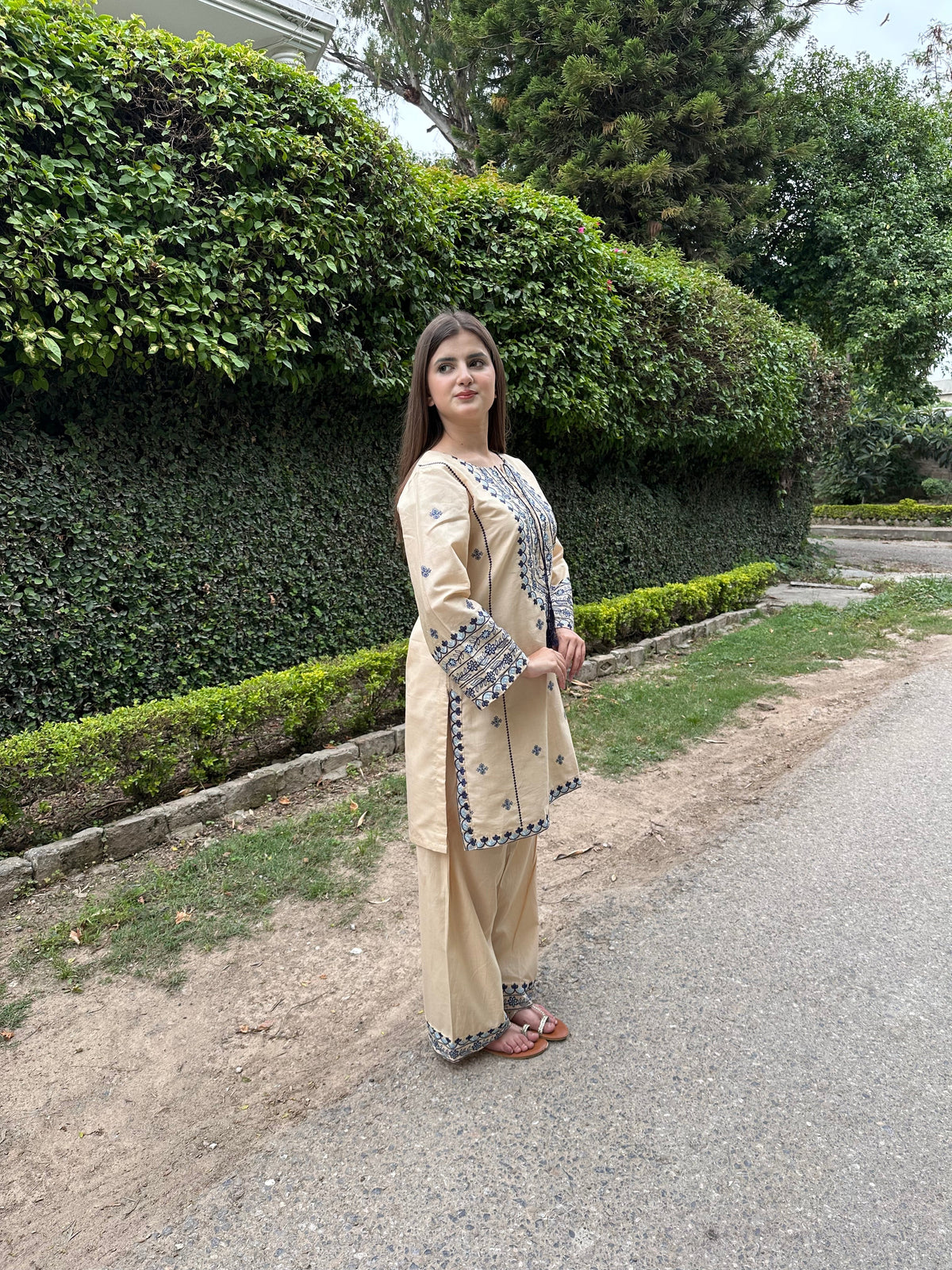Side profile of Zarya 2PC embroidered beige suit set for women.