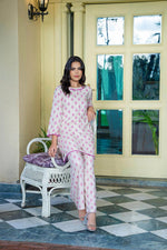 Crystal Veil pink 2-piece linen suit with intricate embroidery for women by Cloothy.
