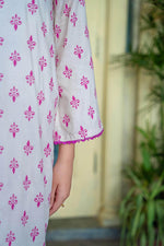Crystal Veil pink 2-piece linen suit with intricate embroidery for women by Cloothy.