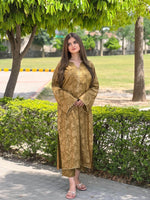 Amber Dust rich mehndi 2-piece Arabic lawn suit for women featuring a graceful 45-inch shirt and matching Farshi Shalwar.