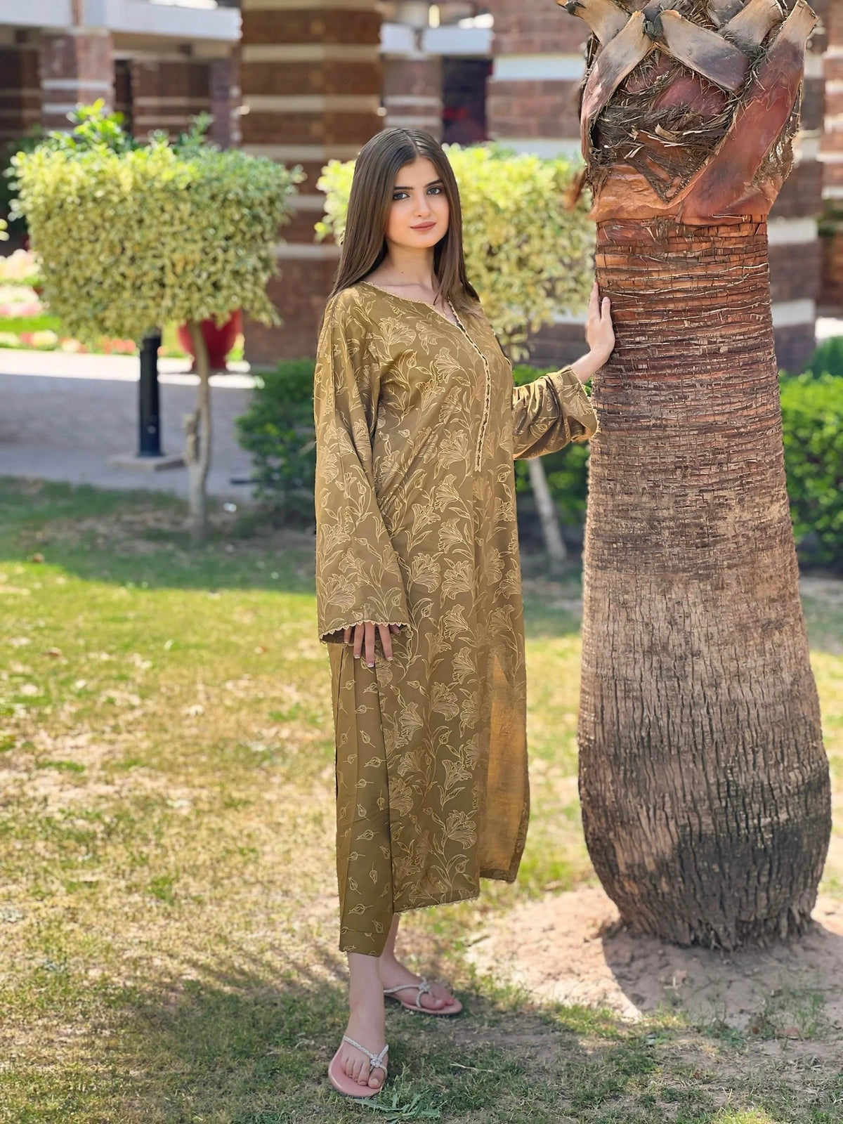 Full-length view of the Amber Dust 2PC set in a rich mehndi shade, designed for festive and casual gatherings.