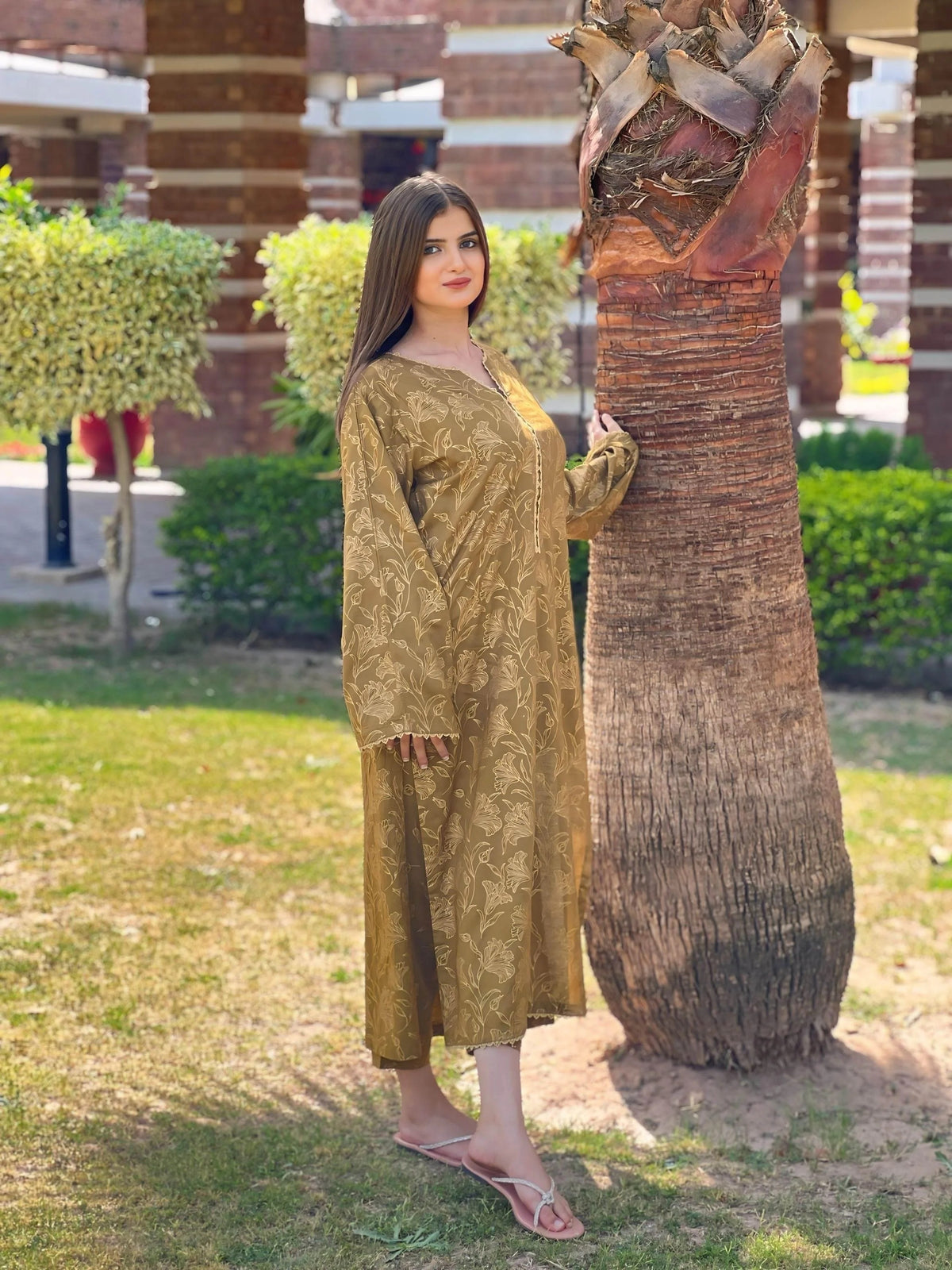 Full-length view of the Amber Dust 2PC set in a rich mehndi shade, designed for festive and casual gatherings.
