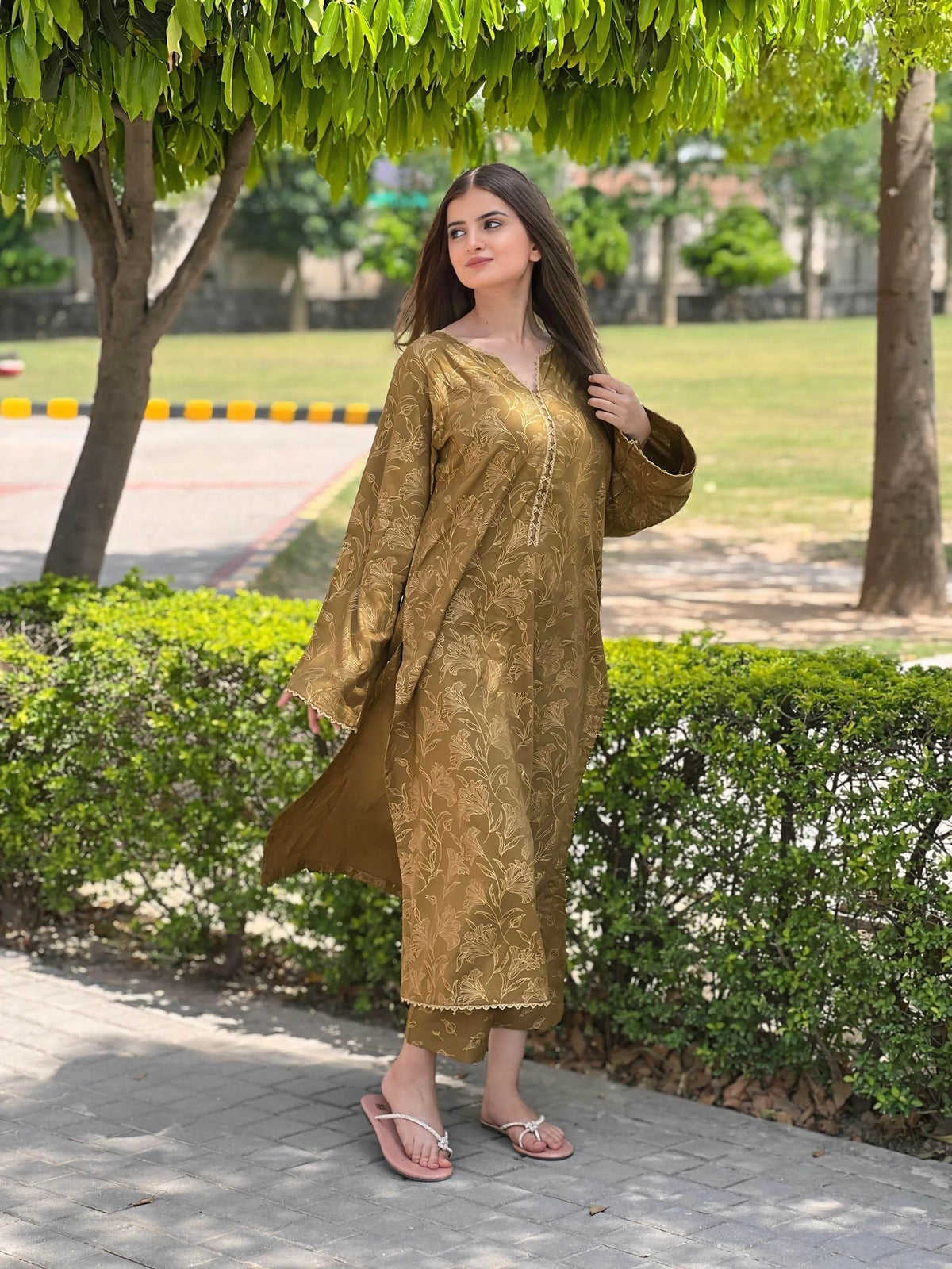 Full-length view of the Amber Dust 2PC set in a rich mehndi shade, designed for festive and casual gatherings.