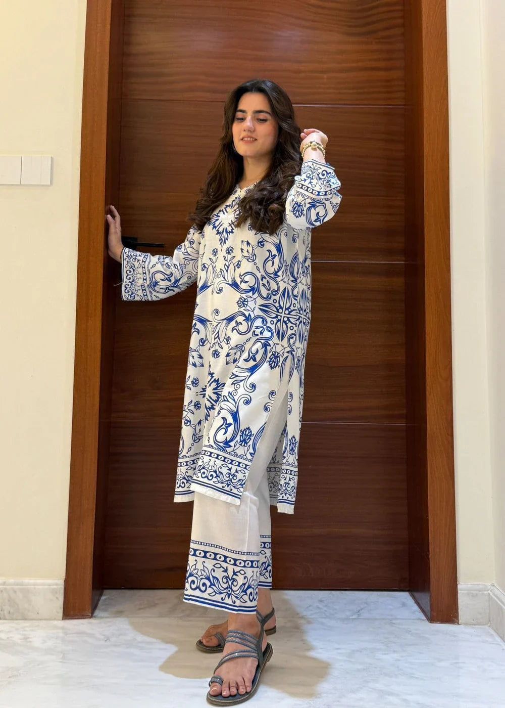 Full-length view of the Sara Blue 2PC linen set, designed for comfort and everyday elegance.
