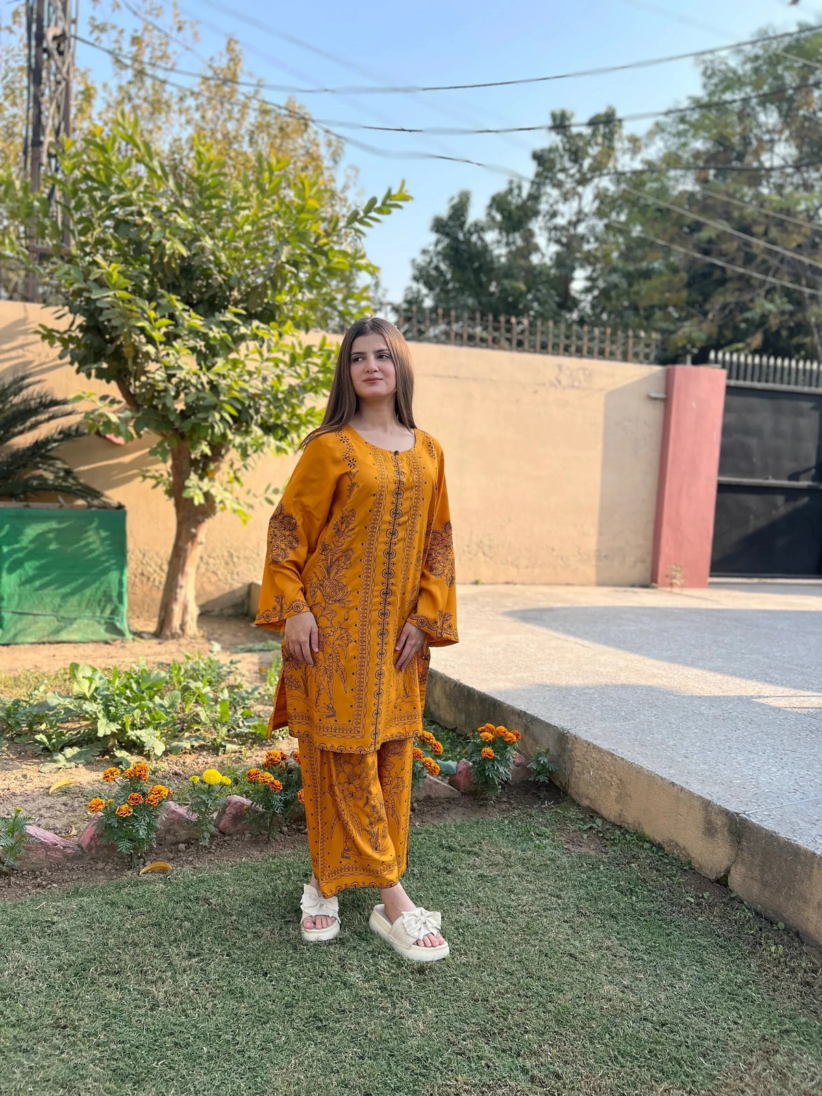 Golden Petal rich mustard 2-piece Arabic lawn suit for women featuring a gracefully tailored top and matching Farshi Shalwar.