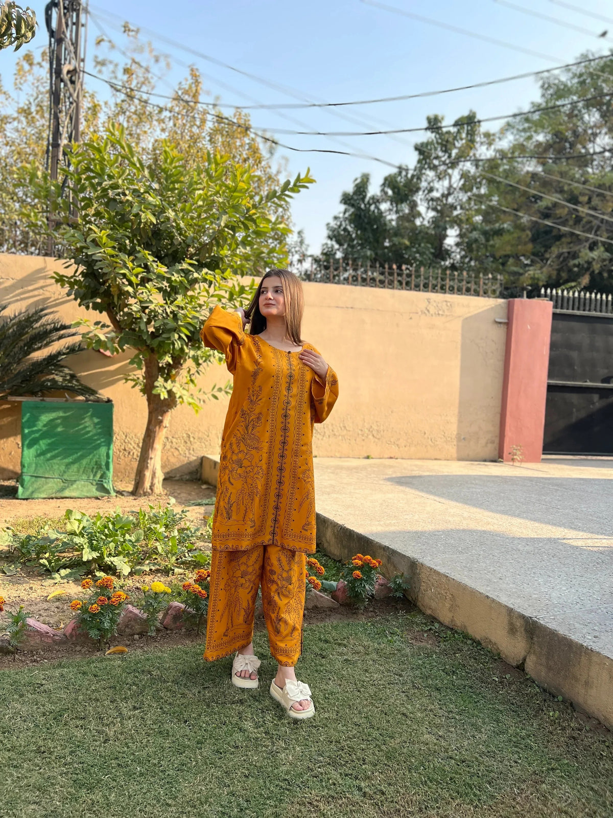 Full-length view of the Golden Petal 2PC set, designed for a refined and modern look for festive and casual wear.