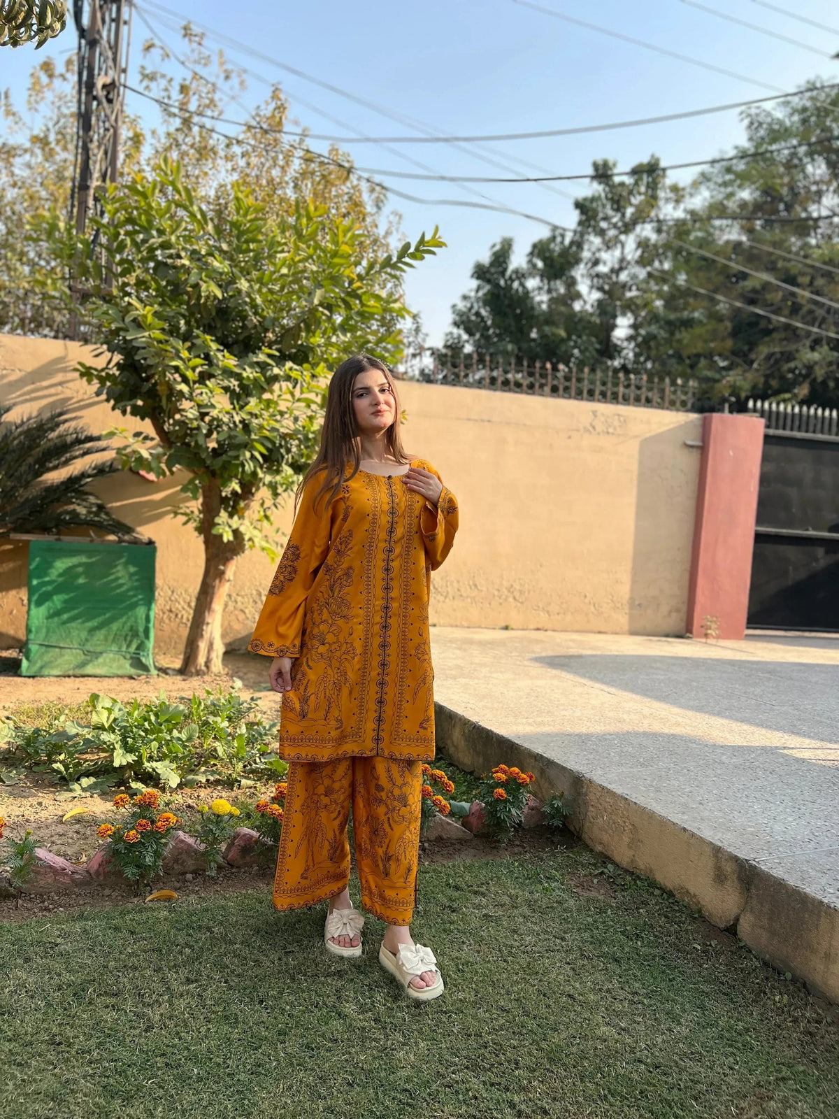 Full-length view of the Golden Petal 2PC set, designed for a refined and modern look for festive and casual wear.