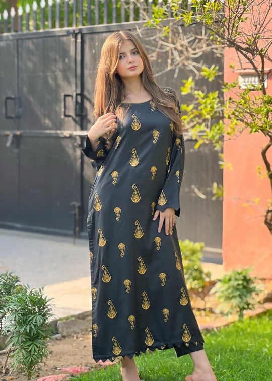 Noorah premium black printed linen 2-piece chic outfit for women, perfect for casual outings and everyday elegance.