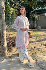 Mehak graceful off-white 2-piece premium Arabic lawn suit for women featuring a beautifully tailored top and Farshi Shalwar.