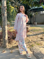 Mehak graceful off-white 2-piece premium Arabic lawn suit for women featuring a beautifully tailored top and Farshi Shalwar.