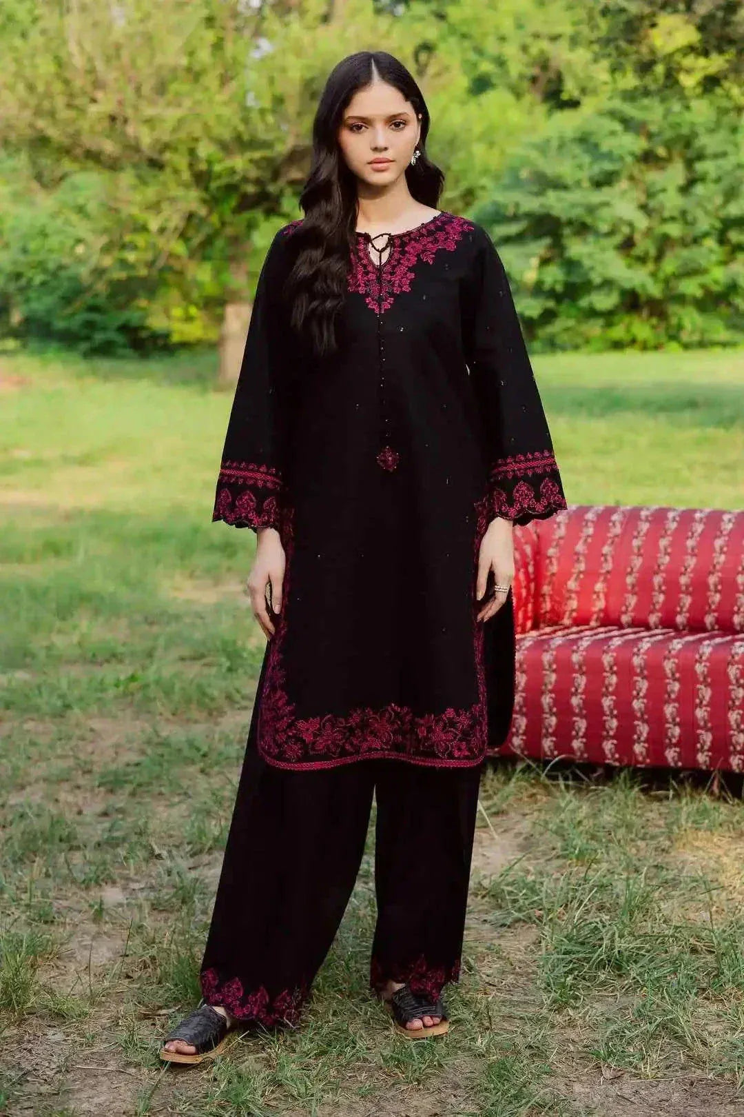 Full-length view of the Noara Collection Zarnoir embroidered suit set, designed for festive and everyday style.