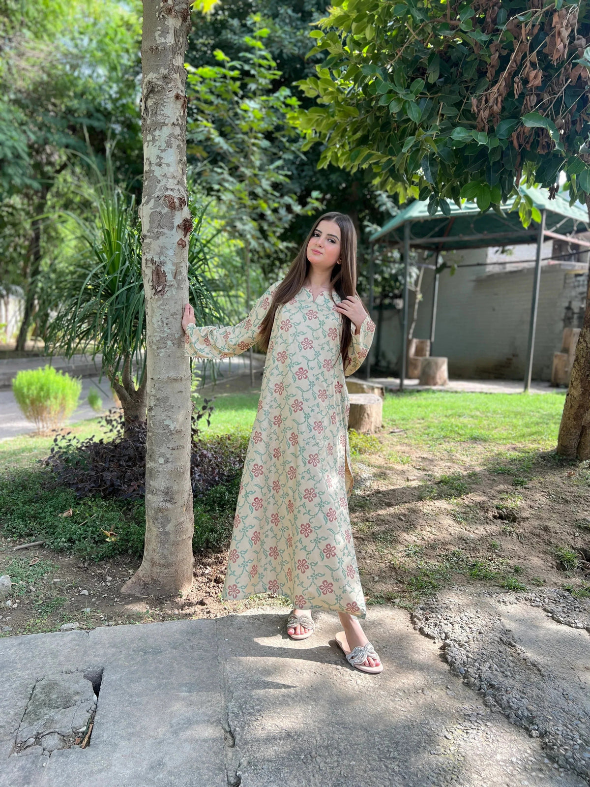 Full-length view of the Panah skin-toned suit set with matching Farshi Shalwar, ideal for festive occasions.