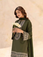 Roshni 2-piece embroidered lawn suit in deep green with intricate neckline detailing by Cloothy.
