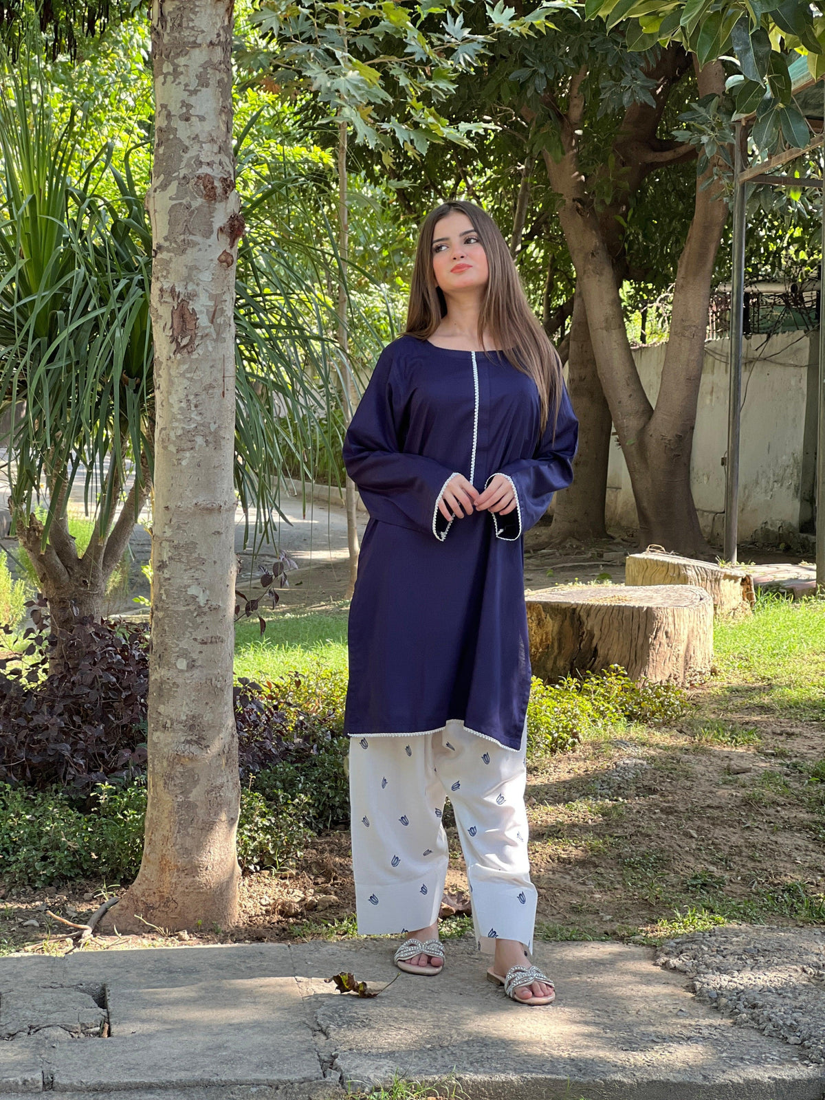 Sukoon calming blue 2-piece Arabic lawn suit for women featuring a stylish tailored top and matching blue trousers.