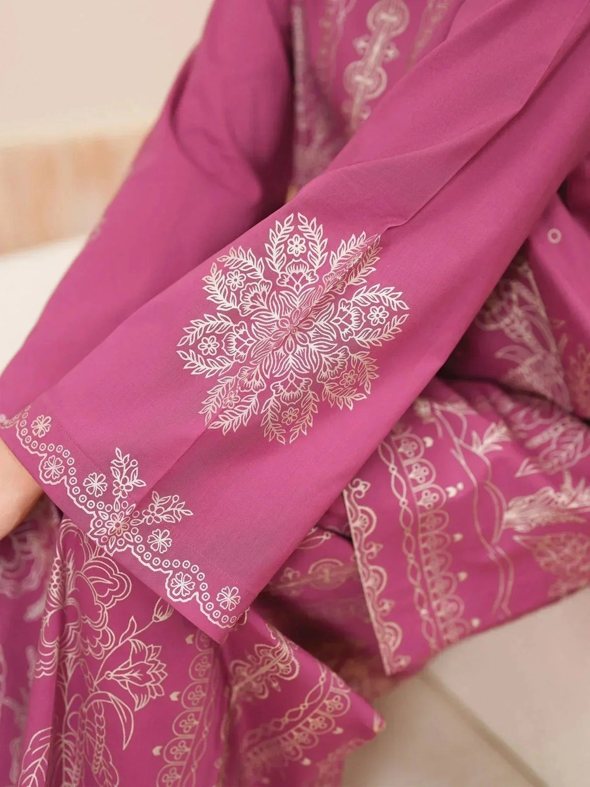 Close-up of the delicate embroidery and premium linen fabric on the Sunhraa 2PC suit.