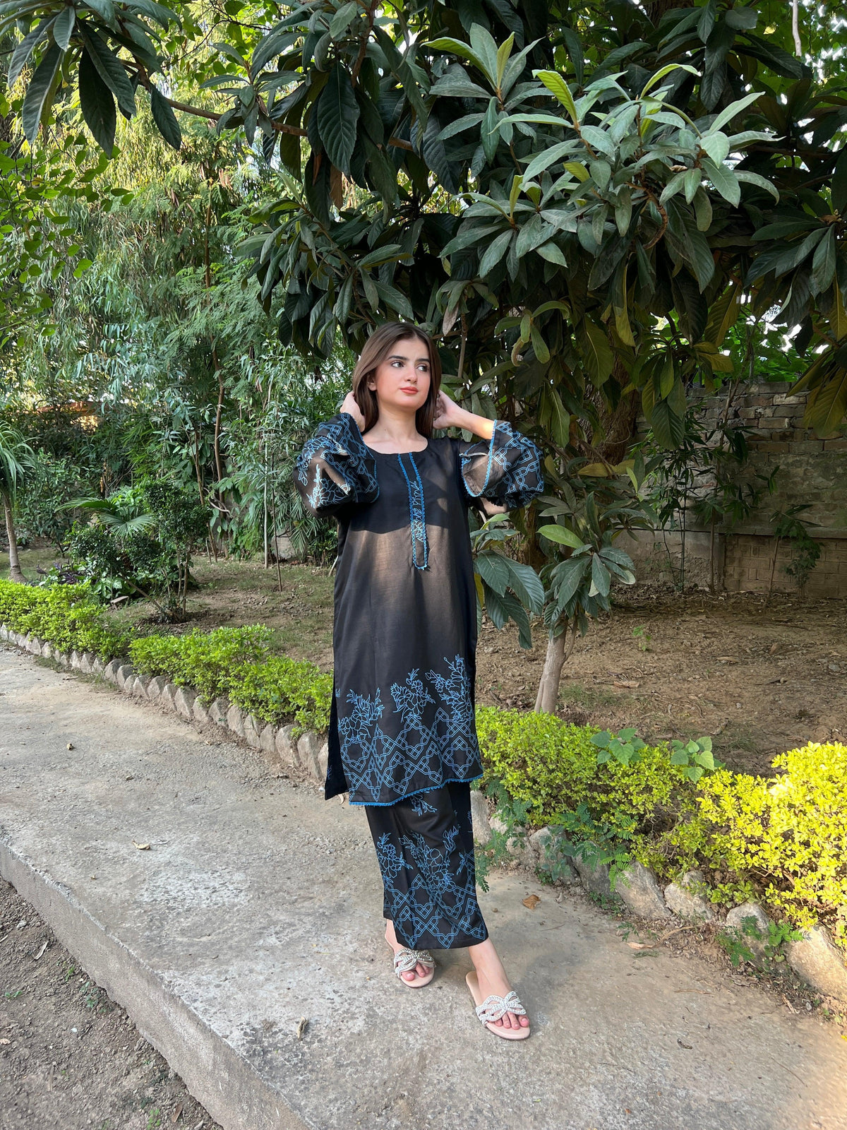 Full-length view of the Tammana black 2PC set, designed for a timeless and graceful look for festive and casual wear.