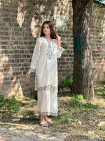 Full-length view of the Teteis cream suit set with matching Farshi Shalwar, designed for festive and casual wear.
