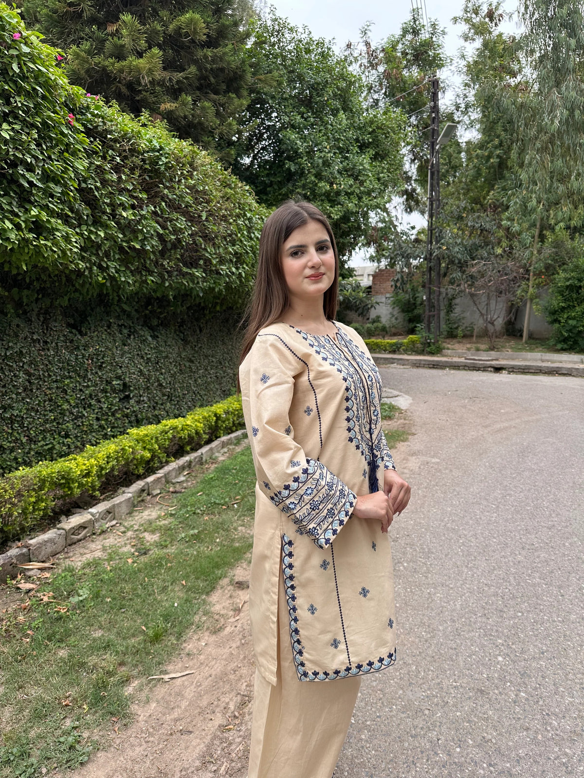 Zarya 2-piece embroidered lawn suit in beige with intricate neckline detailing by Cloothy.