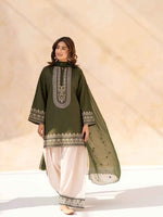 Roshni 2-piece embroidered lawn suit in deep green with intricate neckline detailing by Cloothy.