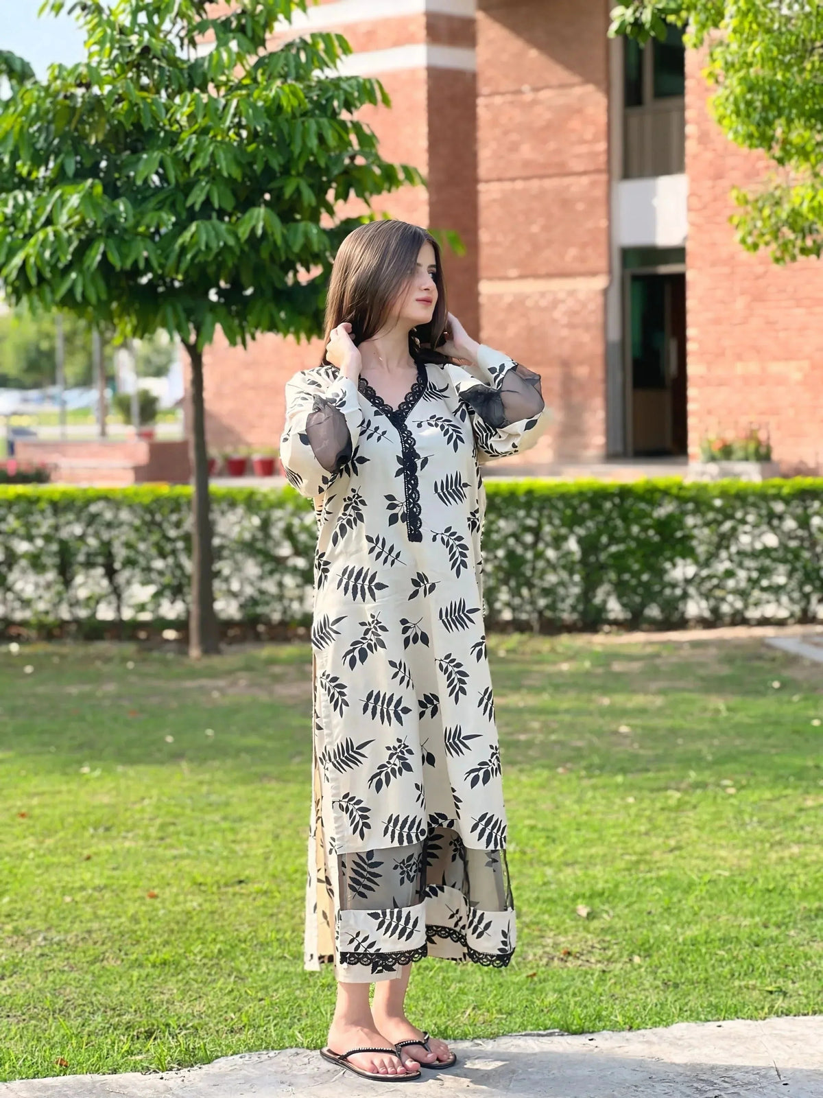 Full-length view of the Maha skin-toned outfit featuring a matching Farshi Shalwar for festive occasions.