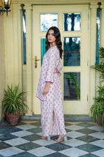 Crystal Veil pink 2-piece linen suit with intricate embroidery for women by Cloothy.