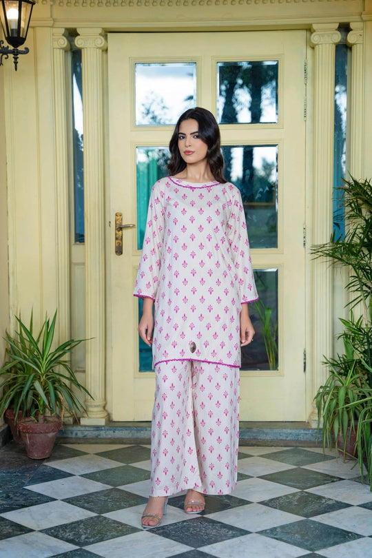 Crystal Veil pink 2-piece linen suit with intricate embroidery for women by Cloothy.
