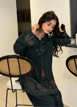 Bahaar Edit black 2-piece embroidered Arabic lawn suit with intricate gold detailing by Cloothy.