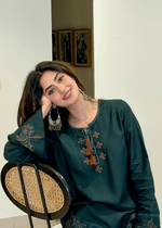 Bahaar Edit black 2-piece embroidered Arabic lawn suit with intricate gold detailing by Cloothy.