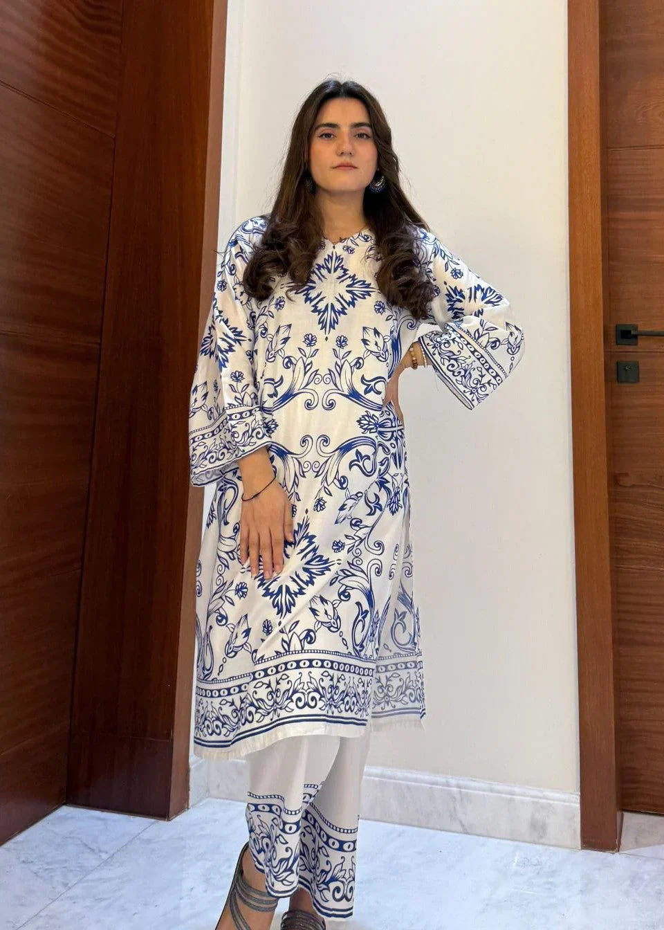 Full-length view of the Sara Blue 2PC linen set, designed for comfort and everyday elegance.