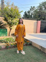 Golden Petal rich mustard 2-piece Arabic lawn suit for women featuring a gracefully tailored top and matching Farshi Shalwar.