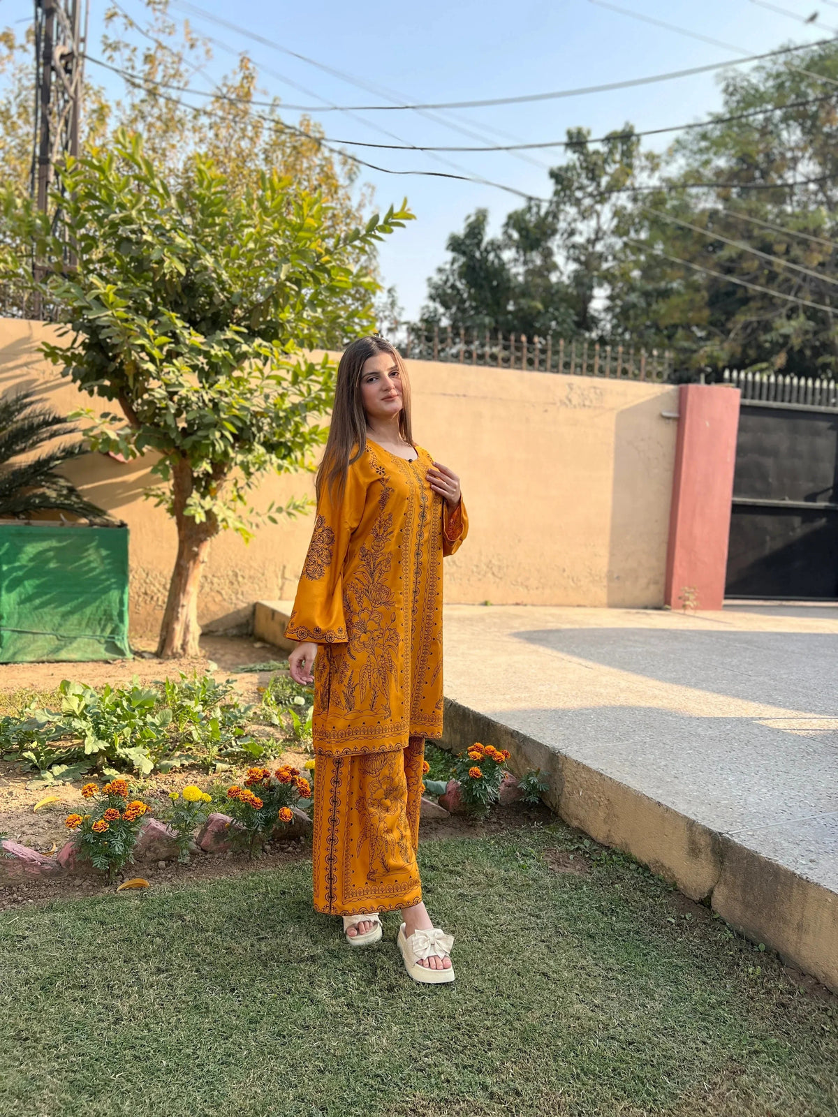 Full-length view of the Golden Petal 2PC set, designed for a refined and modern look for festive and casual wear.