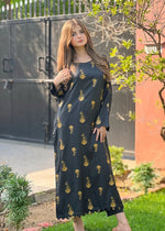 Noorah premium black printed linen 2-piece chic outfit for women, perfect for casual outings and everyday elegance.