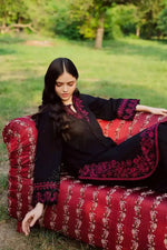 Noara Zarnoir black 2-piece embroidered suit with intricate pink neckline detailing by Cloothy.