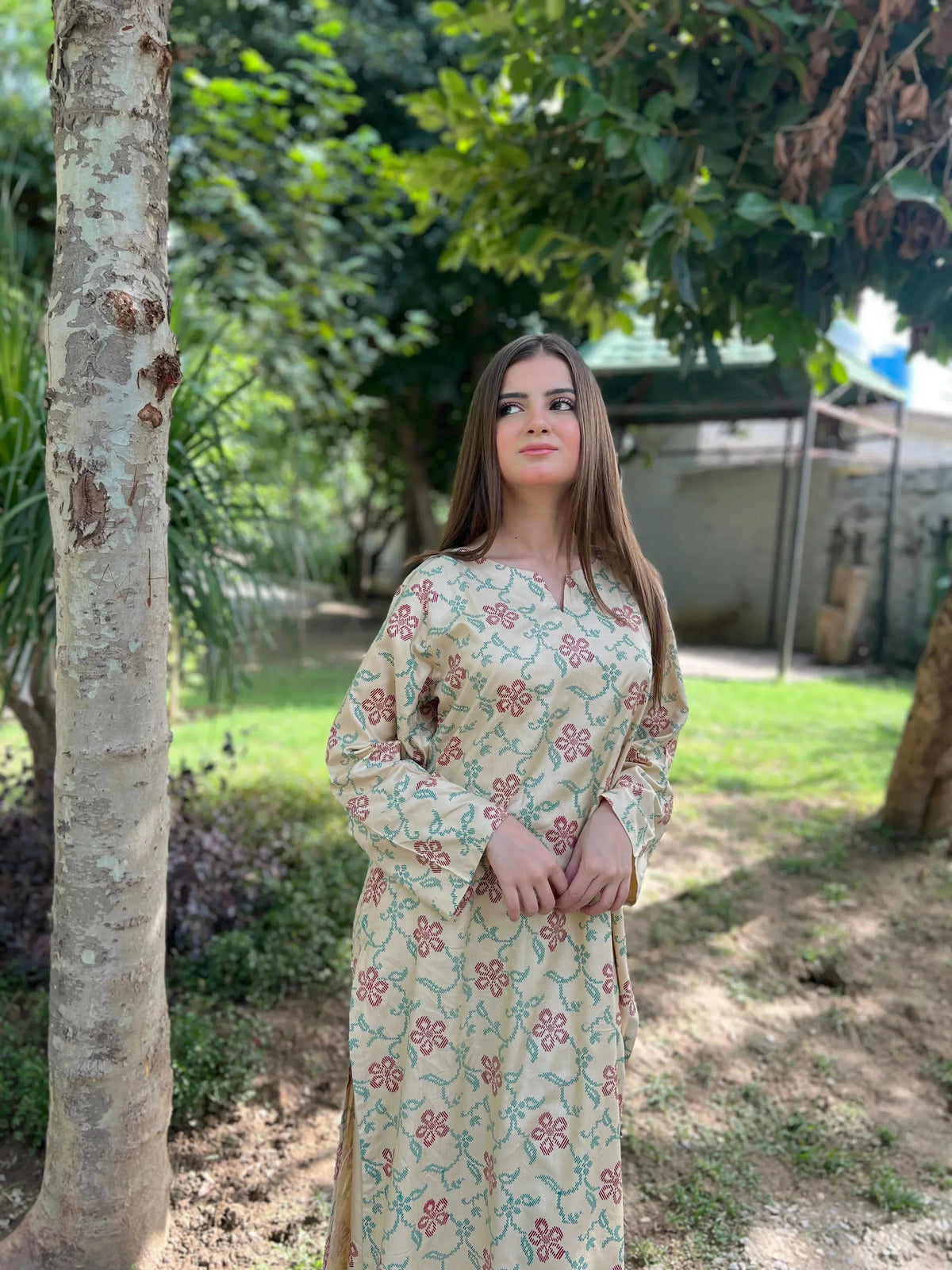 Panah elegant 2-piece premium Arabic lawn suit for women in a soft skin shade with floral patterns.
