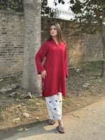 Side view of the Scarlet Grace red kurti highlighting the breathable linen fabric and stylish everyday wear design.