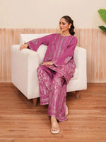 Sunhraa elegant 2-piece premium linen suit in a soft purple shade for women featuring a 33-inch shirt.
