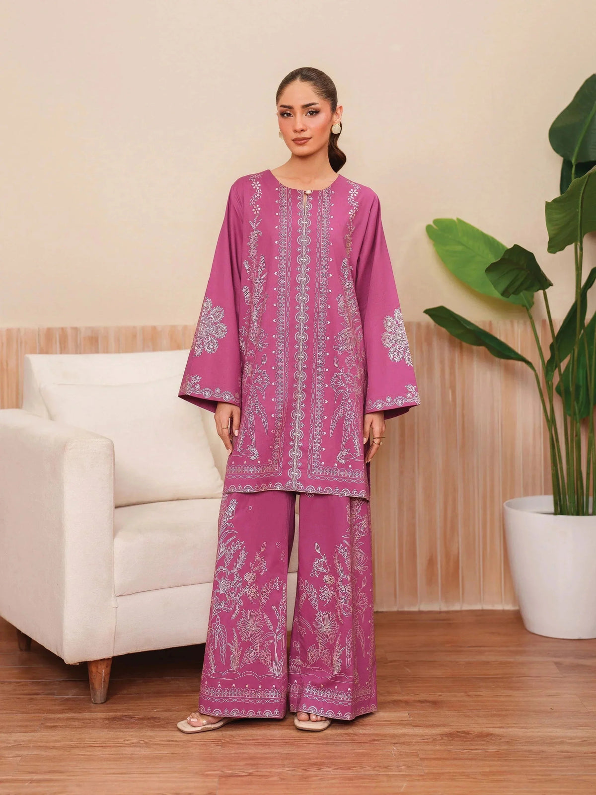 Full-length view of the Sunhraa linen suit set with matching Farshi Shalwar, designed for festive and casual wear.